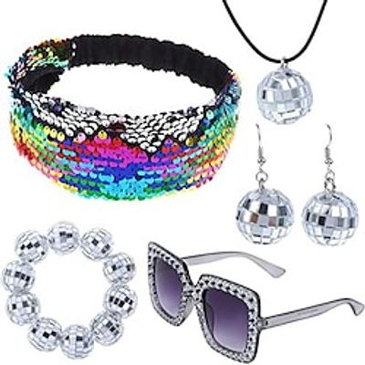 1970's Disco Spherical Earrings Necklace Bracelet Sequin Headband Square Frame Crystal Sunglasses Lightinthebox