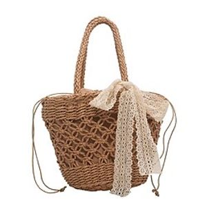 Women's Tote Shoulder Bag Straw Buttons Zipper Solid Color Daily Outdoor Khaki Beige Lightinthebox