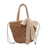 Women's Tote Shoulder Bag Straw Buttons Zipper Solid Color Daily Outdoor Khaki Beige Lightinthebox - thumbnail