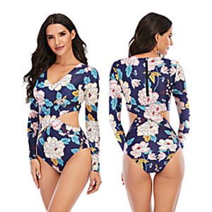 Women's Rash Guard Dive Skin Suit Elastane Swimwear UV Sun Protection Quick Dry Stretchy Long Sleeve Back Zip - Swimming Surfing Snorkeling Water Sports Floral  Botanical Autumn  Fall Spring Summer Lightinthebox