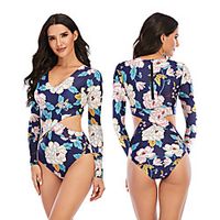 Women's Rash Guard Dive Skin Suit Elastane Swimwear UV Sun Protection Quick Dry Stretchy Long Sleeve Back Zip - Swimming Surfing Snorkeling Water Sports Floral  Botanical Autumn  Fall Spring Summer Lightinthebox - thumbnail