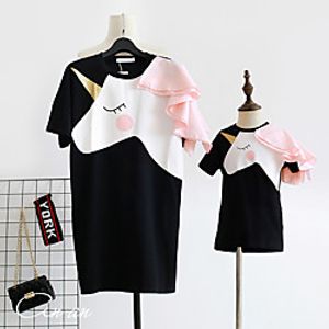 Mommy and Me Dresses Unicorn Patchwork Black Short Sleeve Knee-length Daily Matching Outfits miniinthebox