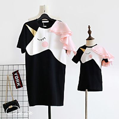 Mommy and Me Dresses Unicorn Patchwork Black Short Sleeve Knee-length Daily Matching Outfits miniinthebox