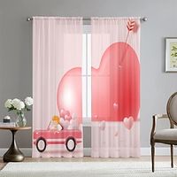 Voile Sheer Curtains Happy Valentine's Day Gnomes Heart Red Truck Rod Pocket Curtains Light Filtering Window Treatments 2 Panels Set Chiffon Drapes for Bedroom Living Room Lightinthebox - thumbnail