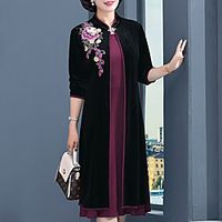 Women's Two Piece Dress Midi Dress Black Wine Long Sleeve Floral Print Fall Winter Round Neck Stylish Modern 2022 XL XXL 3XL 4XL 5XL miniinthebox - thumbnail