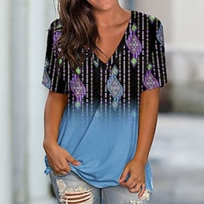 Women's T shirt Tee Green Blue Purple Geometric Print Short Sleeve Casual Weekend Basic V Neck Regular Geometric Painting S Lightinthebox