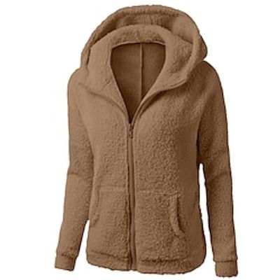 Women's Teddy Coat Fleece Sherpa Jacket Winter Coat Thermal Warm Windproof Jacket Zipper Hooded Street Outerwear Long Sleeve Fall Maillard Camel Lightinthebox