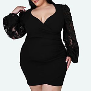 Women's Plus Size Dress Sheath Dress Short Mini Dress Long Sleeve Solid Color Mesh Casual Fall White Black Red XL XXL 3XL 4XL 5XL Lightinthebox