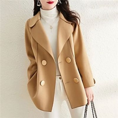 Women's Wool Blend Coat Cropped Jacket Pea Coat Double Breasted Lapel Coat Warm Winter Coat with Pockets Outerwear Long Sleeve Fall Khaki M L XL Elegant Lady Jacket Lightinthebox
