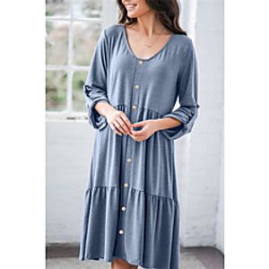 Women's A Line Dress Knee Length Dress Gray blue Black Brown 3/4 Length Sleeve Solid Color Ruched Ruffle Spring Summer V Neck Basic Casual 2021 S M L XL XXL / Cotton miniinthebox