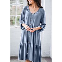 Women's A Line Dress Knee Length Dress Gray blue Black Brown 3/4 Length Sleeve Solid Color Ruched Ruffle Spring Summer V Neck Basic Casual 2021 S M L XL XXL / Cotton miniinthebox - thumbnail
