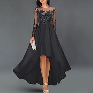 A-Line Cocktail Dresses Elegant Dress Party Wear Asymmetrical Long Sleeve Jewel Neck Satin with Crystals Appliques 2022 Lightinthebox