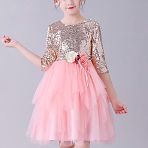 Kids Little Girls' Dress Floral Polka Dot Solid Colored Sequins Mesh Lace Blushing Pink Red Asymmetrical Half Sleeve Flower Cute Dresses Children's Day Regular Fit miniinthebox