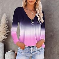 Women's T shirt Tee Light Blue Pink Light Purple Color Gradient Print Long Sleeve Daily Weekend Basic V Neck Regular Painting S miniinthebox - thumbnail