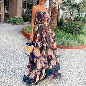 Women's Crop Top Tank Top Skirt Sets Basic Boho Purple Holiday Vacation Floral Ruffle Print Strap S M L XL Lightinthebox