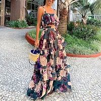 Women's Crop Top Tank Top Skirt Sets Basic Boho Purple Holiday Vacation Floral Ruffle Print Strap S M L XL Lightinthebox - thumbnail
