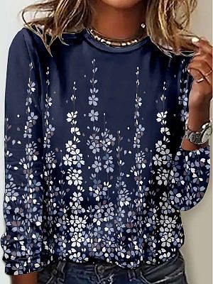 Round Neck Casual Loose Floral Print Long Sleeve T-Shirt