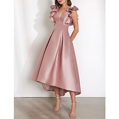 A-Line Cocktail Dresses Elegant Dress Wedding Guest Kentucky Derby Tea Length Short Sleeve V Neck Satin with Ruffles 2024 Lightinthebox