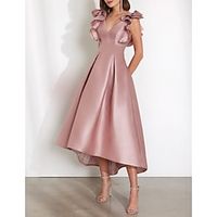 A-Line Cocktail Dresses Elegant Dress Wedding Guest Kentucky Derby Tea Length Short Sleeve V Neck Satin with Ruffles 2024 Lightinthebox