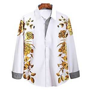 Men's Shirt Hot Stamping Floral Print Long Sleeve Casual Tops Basic Chinoiserie White Black Red / Winter miniinthebox