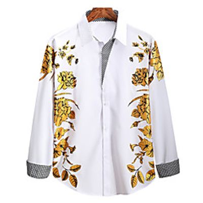 Men's Shirt Hot Stamping Floral Print Long Sleeve Casual Tops Basic Chinoiserie White Black Red / Winter miniinthebox