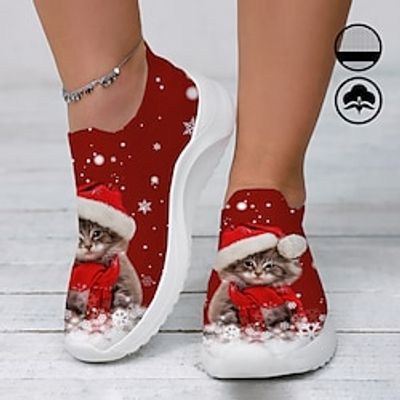 Women's Sneakers Slip-Ons Print Shoes Xmas Shoes Animal Print Outdoor Christmas Xmas Flat Heel Round Toe Closed Toe Fashion Casual Tissage Volant Loafer Cat Red Lightinthebox