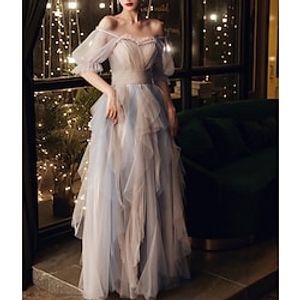 A-Line Prom Dresses Color Block Dress Wedding Party Floor Length Half Sleeve Scoop Neck Tulle with Pleats Ruffles 2022 Lightinthebox