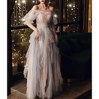 A-Line Prom Dresses Color Block Dress Wedding Party Floor Length Half Sleeve Scoop Neck Tulle with Pleats Ruffles 2022 Lightinthebox - thumbnail