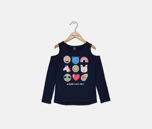 Girls Emoji Icon Cold Shoulder Tee  Navy