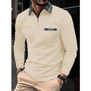 Men's Polo Shirt Zip Polo Outdoor Casual Lapel Quarter Zip Long Sleeve Fashion Basic Stripes and Plaid Solid  Plain Color Quarter Zip Spring   Fall Regular Fit Black White Wine Dark Navy Royal Blue Lightinthebox