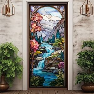 Stained Glass Landscape Door Covers Mural Decor Door Tapestry Door Curtain Decoration Backdrop Door Banner Removable for Front Door Indoor Outdoor Home Room Decoration Farmhouse Decor Supplies Lightinthebox