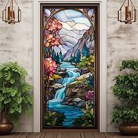 Stained Glass Landscape Door Covers Mural Decor Door Tapestry Door Curtain Decoration Backdrop Door Banner Removable for Front Door Indoor Outdoor Home Room Decoration Farmhouse Decor Supplies Lightinthebox - thumbnail