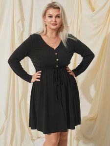 YOINS Plus Size V-neck Button Design Tie-up Design Long Sleeves Mini Dress