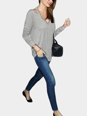 Navy Cut Out Pullover Long Sleeves T-shirt Navy Cut Out Pullover Long Sleeves T-shirt