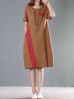 Vintage Women Contrast Color Short Sleeve O-Neck Dresses