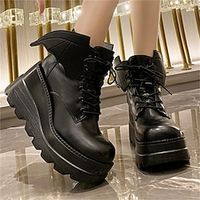 Women's Boots Chelsea Boots Party Daily Club Booties Ankle Boots Lace-up Wedge Heel Round Toe Vacation Fashion Casual Faux Leather Lace-up Black Lightinthebox - thumbnail