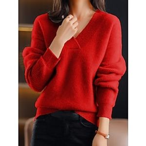 Women's Christmas Pullover Sweater Jumper Casual Sweater V Neck Ribbed Knit Polyester Knitted Fall Winter Regular Outdoor Xmas Holiday Going out Stylish Soft Long Sleeve Pure Color Red Green S M L Lightinthebox