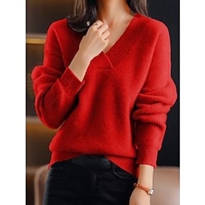 Women's Christmas Pullover Sweater Jumper Casual Sweater V Neck Ribbed Knit Polyester Knitted Fall Winter Regular Outdoor Xmas Holiday Going out Stylish Soft Long Sleeve Pure Color Red Green S M L Lightinthebox