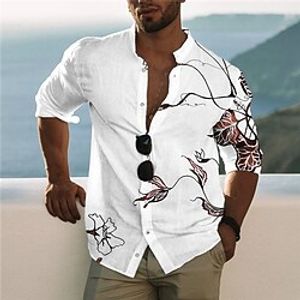 Men's Shirt Graphic Shirt Floral Stand Collar White 3D Print Outdoor Street Long Sleeve Button-Down Print Clothing Apparel Fashion Designer Casual Breathable / Summer / Spring / Summer miniinthebox