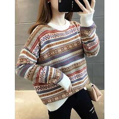 Women's Pullover Sweater Jumper Crew Neck Ribbed Knit Acrylic Patchwork Fall Winter Regular Outdoor Daily Going out Stylish Casual Soft Long Sleeve Color Block Yellow Khaki One-Size Lightinthebox