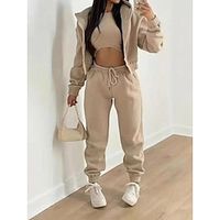 Solid Casual 3 Piece Set, Zip Up Hooded Jacket  Sleeveless Crew Neck Tank Top  Drawstring Elastic Waist Jogger Pants Outfits, Women's Clothing miniinthebox - thumbnail