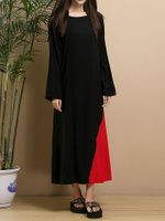 O-NEWE Vintage Color Contrast Patchwork Long Sleeve Fake-Two Piece Maxi Dress