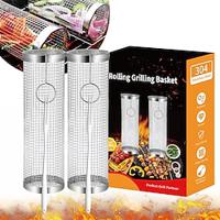 2-Pack BBQ Rolling Grilling Baskets, Rolling Grilling Basket with Safety Lock Fork, SUS304 Stainless Steel Barbecue Cooking Grill Grate Lightinthebox