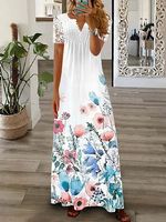 Round Neck Casual Loose Lace Vacation Short Sleeve Maxi Dress