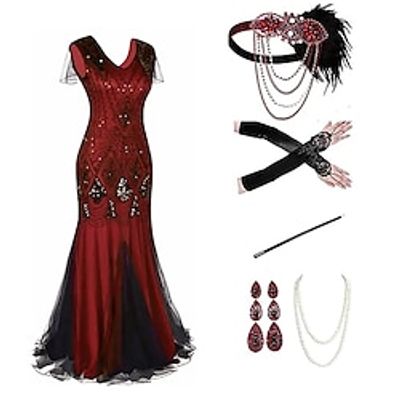 The Great Gatsby Plus Size Roaring 20s 1920s Cocktail Dress Vintage Dress Flapper Dress Outfits Prom Dress Women's Tassel Fringe Costume Vintage Cosplay Performance Party Cocktail Party 1 Necklace miniinthebox