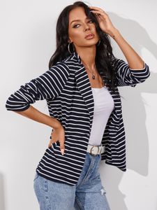 YOINS Navy Striped Lapel Collar Long Sleeves Coat