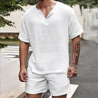 Men's Matching Sets White Shirt Casual Shirt Tee Top Shorts Summer Shorts Sets Short Sleeve V Neck Vacation Casual Daily Plain 2 Piece Polyester Summer Lightinthebox