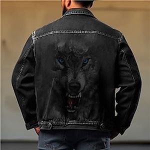 Animal Wolf Casual Men's Coat Denim Jacket Sports  Outdoor Going out Weekend Fall  Winter Turndown Long Sleeve Black Blue M L XL Denim Jacket Lightinthebox