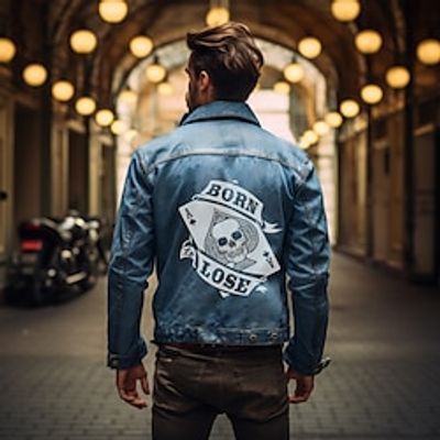 Letter Poker Skulls Casual Men's Coat Denim Jacket Sports  Outdoor Going out Weekend Fall  Winter Turndown Long Sleeve Black Blue M L XL Denim Jacket Lightinthebox