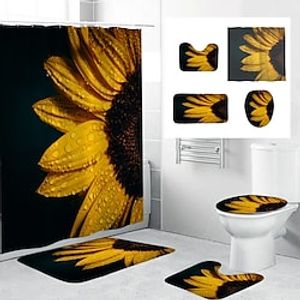 4Pcs Shower Curtain Set with Rug Toilet Lid Cover Sets with Non-Slip Rug Bath Mat for Bathroom,Sunflower Pattern,Waterproof Polyester Shower Curtain with 12 Hooks,Bathroom Decoration miniinthebox
